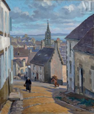 tableau représentant une femme marchant dans une rue pavée, avec une église en arrière-plan