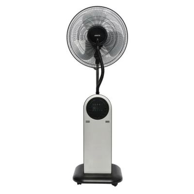 un ventilateur noir et blanc posé sur un pied métallique