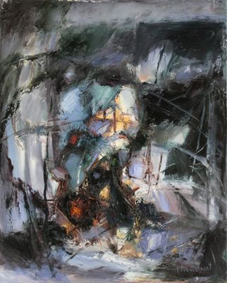 an oil painting of a man riding a horse through a forest