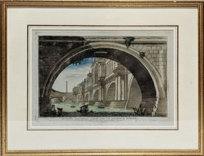 l'image d'une peinture représentant un pont avec un bâtiment à l'arrière-plan