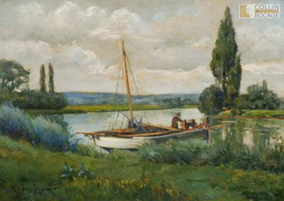 une peinture représentant un bateau sur l'eau, près du rivage