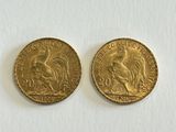 two gold coins sitting side by side on a white surface