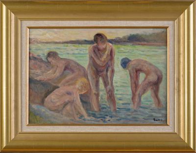 tableau représentant un groupe d'hommes se baignant dans un plan d'eau
