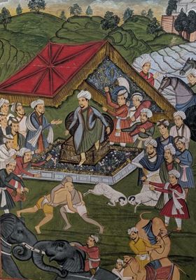 une image représentant un tableau où l'on voit un groupe de personnes dans un champ en compagnie d'un éléphant