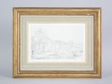a framed drawing of a cityscape in a gold frame