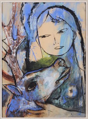 an image of a painting of a woman holding a deer