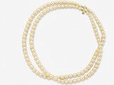 un collier de perles à un rang avec un fermoir en or sur fond blanc