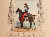 a drawing of a man on a horse with a red hat