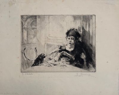 dessin représentant une femme en manteau de fourrure, assise sur une chaise