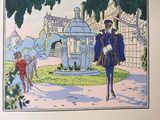 an illustration of a man in a blue coat standing in front of a fountain
