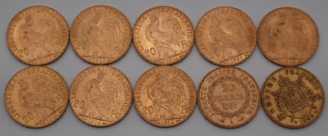 Dix pièces de monnaie en or à valeur faciale de vingt francs (dif...