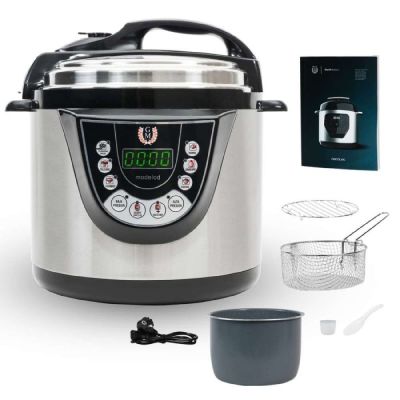 an image of a silver and black electric pressure cooker with a bowl and strainer