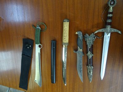 Plusieurs types de couteaux sont exposés sur un support en bois