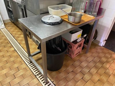 a kitchen with a table with a pot and pan on it