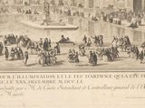 a drawing of a large group of people in a courtyard