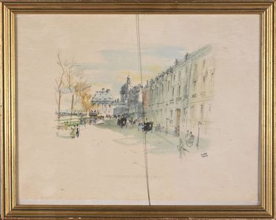 une image d'une peinture représentant une scène de rue avec une voiture à cheval