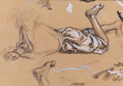 un dessin représentant un homme allongé par terre à côté d'un chien