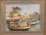 an oil painting of boats docked in a harbor with houses in the background