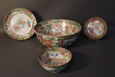 three bowls and a bowl with a picture of a woman on them
