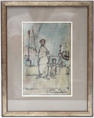 painting of a woman and a child on a beach with a boat in the background