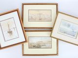 four framed watercolor paintings of boats and ships on a white surface