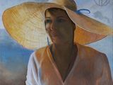 tableau représentant une femme portant un grand chapeau et une chemise blanche