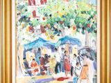 une peinture à l'huile représentant une scène de marché avec des personnages et des arbres fruitiers