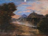 tableau représentant une scène fluviale avec un château au loin
