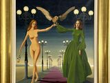 tableau représentant une femme en robe verte tenant un hibou au-dessus de sa tête