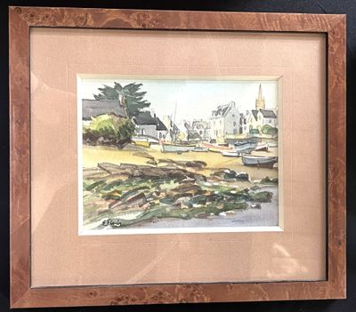 framed watercolor painting of a village scene with a church in the background