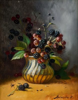 tableau représentant un vase rempli de baies posé sur une table, avec des feuilles et des baies