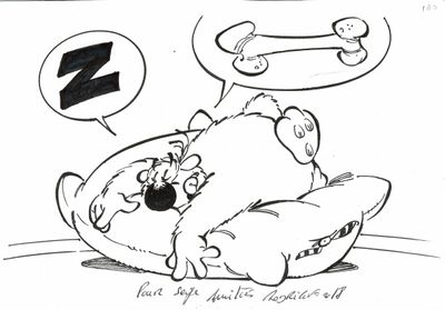 dessin représentant un ours en peluche assis sur un oreiller, avec un skateboard en arrière-plan