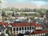 a painting of a view of a city with a clock tower