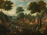 tableau représentant une scène de village avec une rivière et un pont