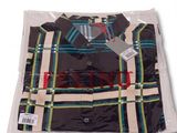 men ' s plaid shirt in black and white with red accents