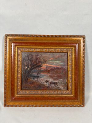 deux tableaux encadrés représentant des chevaux et un chien dans un paysage enneigé
