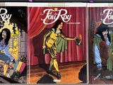three covers of a comic book with a picture of a man sitting on a chair
