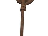 a small metal object with a wooden handle on a white background