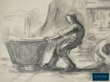 a drawing of a man pushing a cart down the street