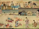 de nombreuses photos de femmes en costume traditionnel japonais posées sur une table