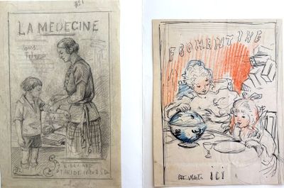 deux dessins représentant une femme et un enfant assis sur une chaise