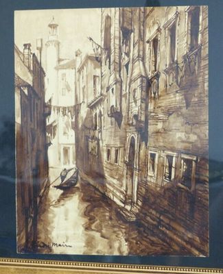 tableau représentant une ruelle étroite avec un bateau dans l'eau