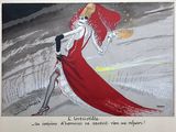a painting of a woman in a red dress with a sword