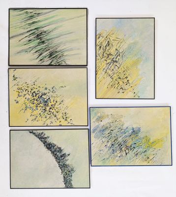 four paintings on a white wall with a black cat sitting in front of them
