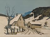 un tableau représentant une maison sur une colline enneigée