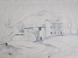 dessin représentant une maison sur une colline, avec une rivière au premier plan