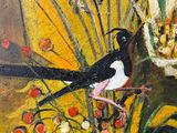 a painting of a bird sitting on a branch of a tree