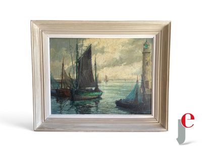 une peinture à l'huile représentant des bateaux dans un port, avec un phare en arrière-plan