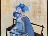 an oil painting of a man sitting on a bench in front of a building