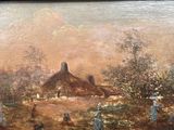 a painting of people in a field with a house in the background